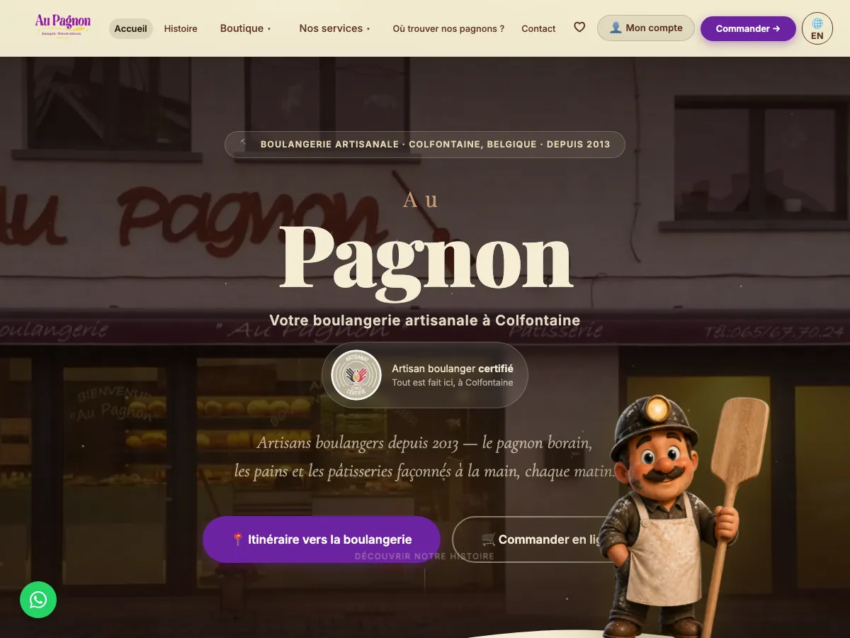 Page d'accueil du site d'Au Pagnon, boulangerie artisanale à Colfontaine
