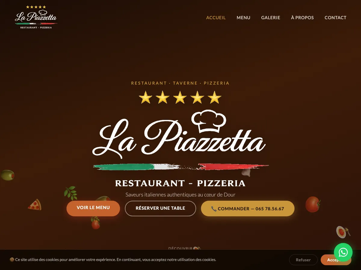 Page d'accueil du site de La Piazzetta, restaurant italien à Dour